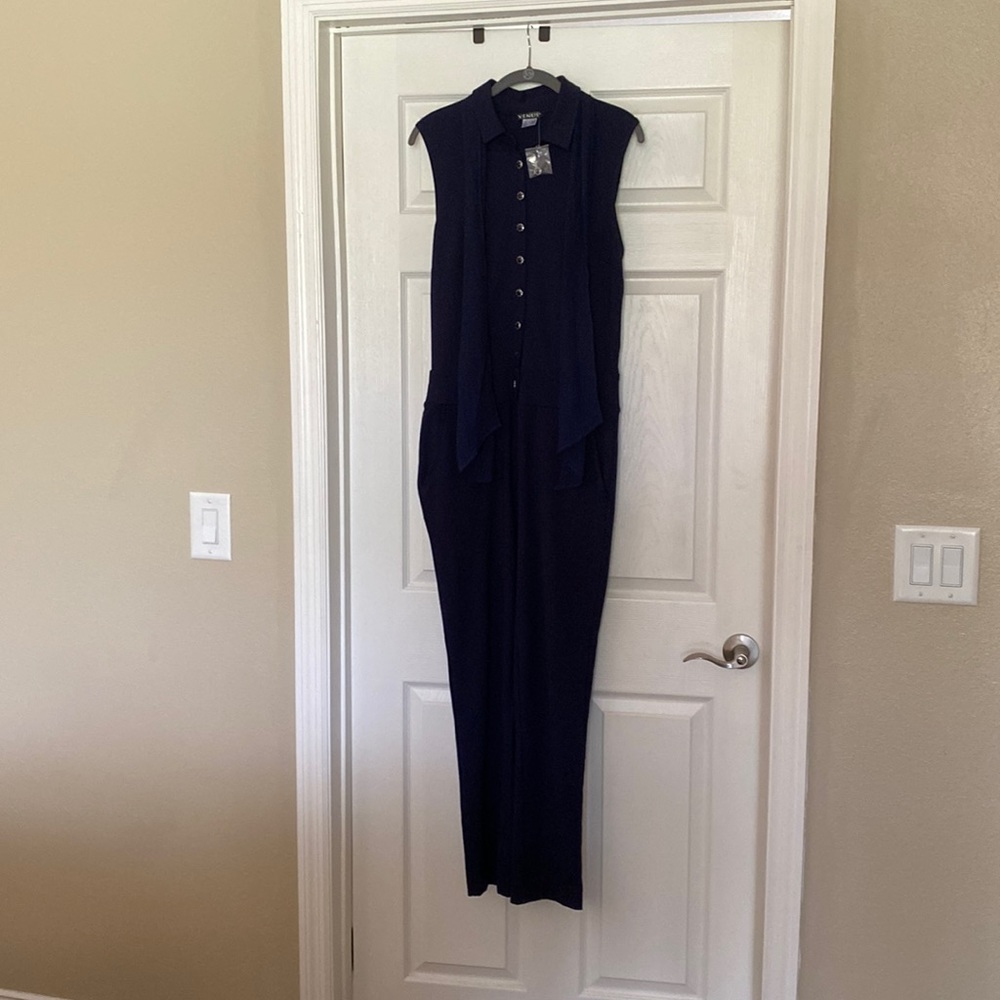 Navy blue pants romper, with detailed buttons and sash around neck